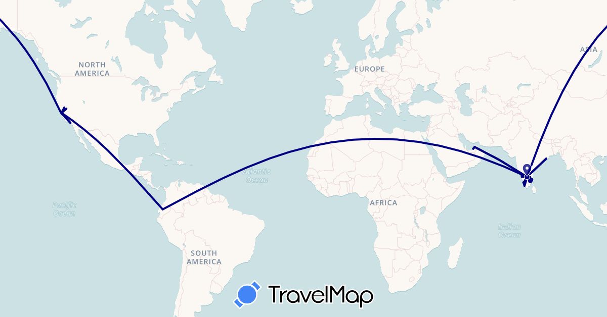 TravelMap itinerary: driving in United Arab Emirates, Ecuador, India, United States (Asia, North America, South America)